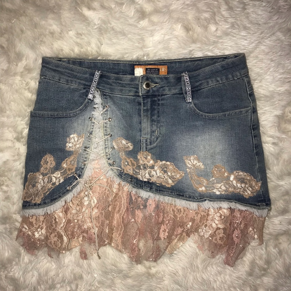 Denim lace pink mini skirt